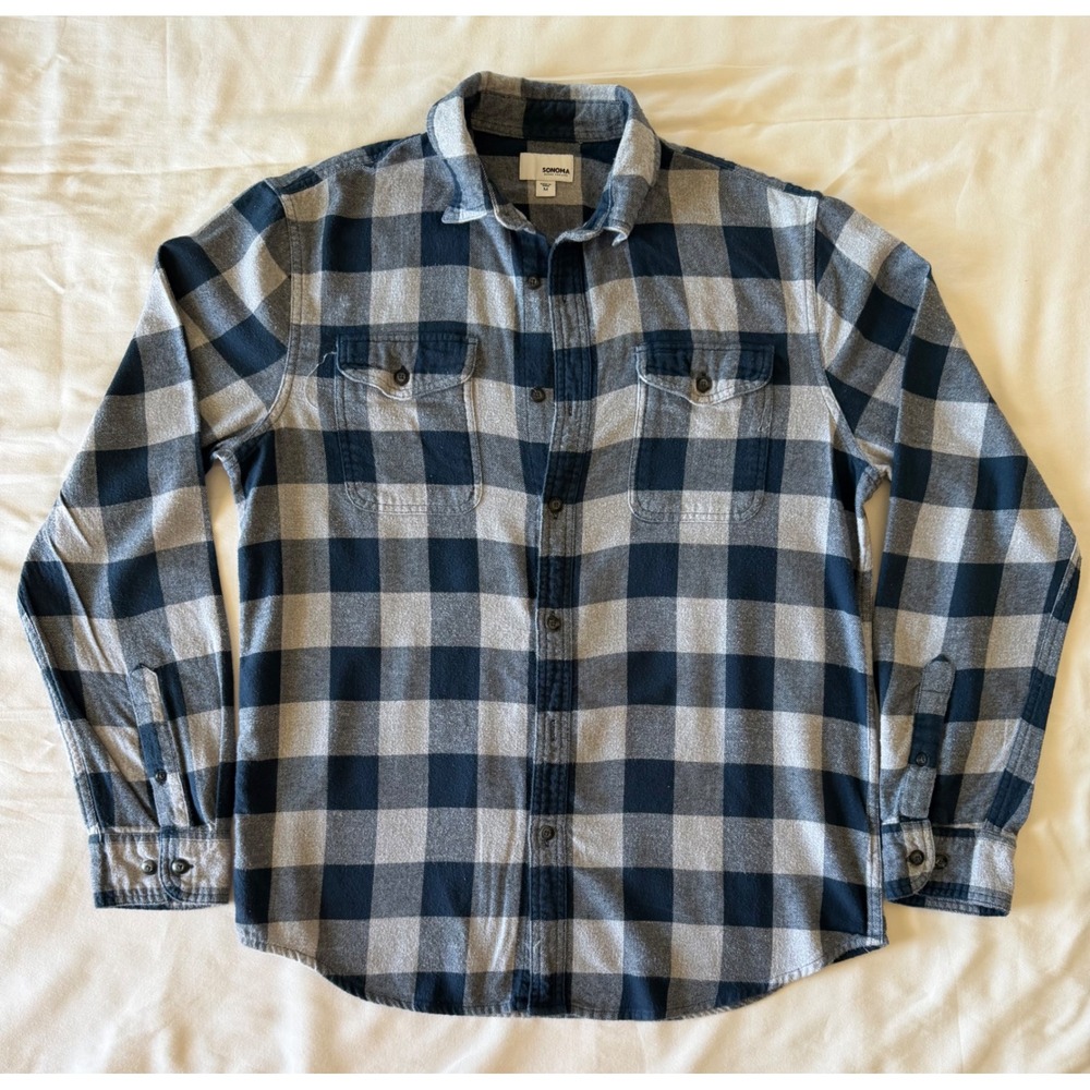 Sonoma Mens Flannel Shirt Medium Blue Grey Buffalo Plaid Long Sleeve Button Down - Picture 2 of 7